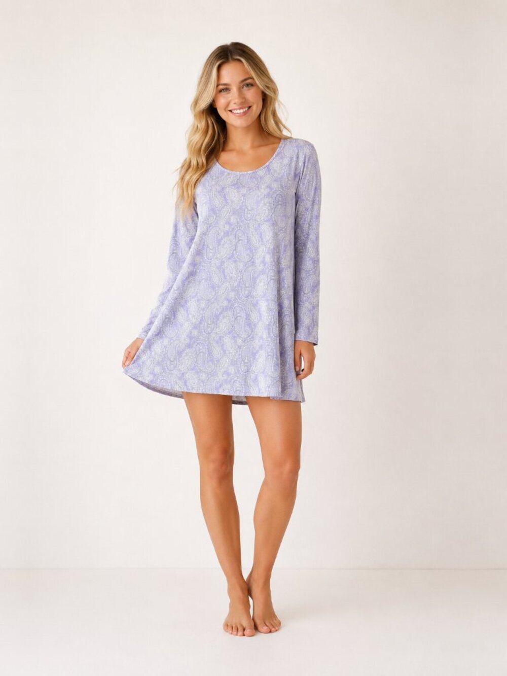 2/$30 Lands' End Paisley Print Long Sleeve Shift Dress Lavender Small #A2171